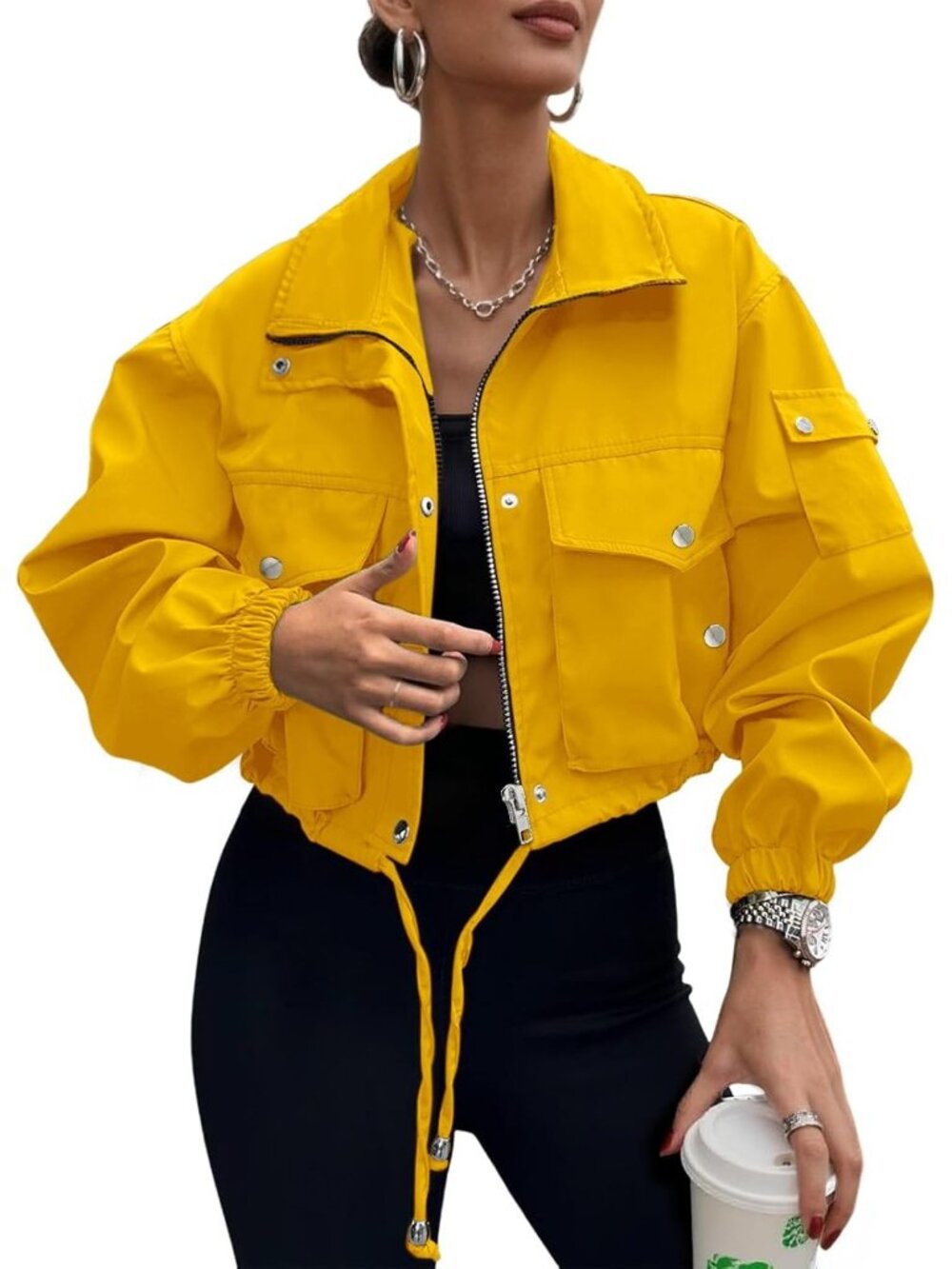 Women's Yellow 100% Polyester Cropped Zip Up Cargo Utility Anorak Bomber Jacket